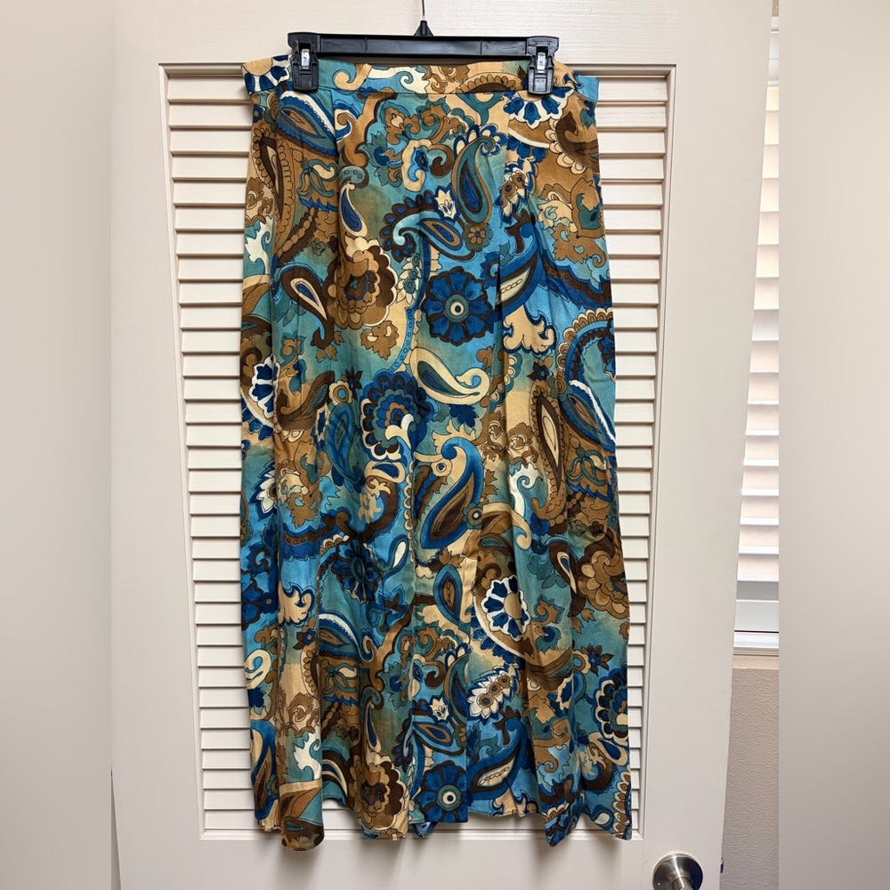 VTG Jo Hardin Paisley Rayon Skirt Women 16 Boho Festival Midi Blue Brown Flowy
